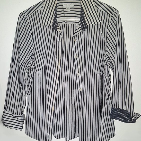 Charter Club Button Down Striped Polka Dot Cuffs Blouse Business Casual Sz 12 - Picture 2 of 11